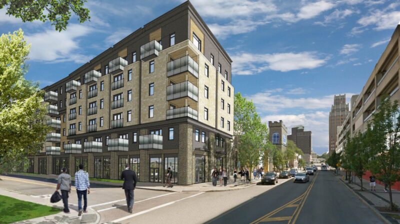 Rendering of The Nest affordable housing development in Niagara Falls, New York, designed to achieve Phius-certified high-performance building standards.
